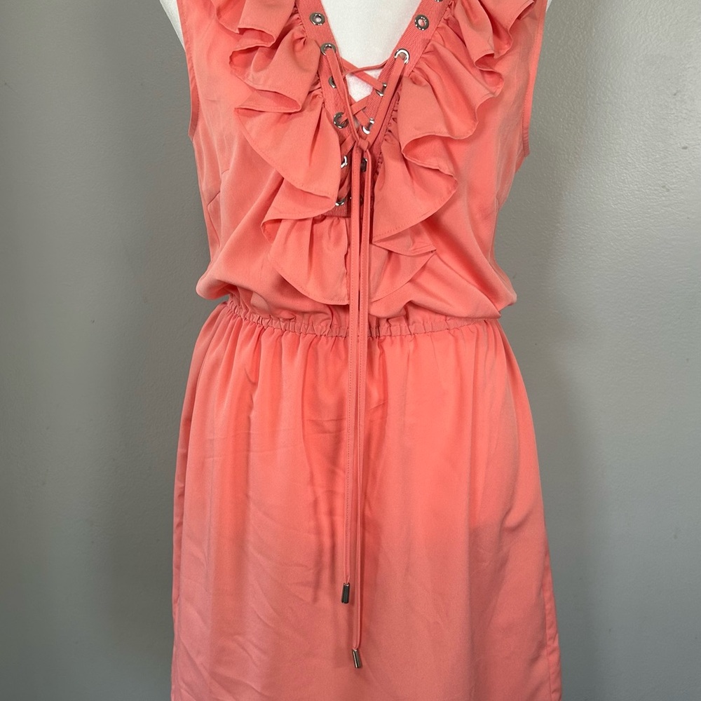 Venus Ruffle Lace Up Dress Eyelet Coral Pink Sleeveless Light Summer